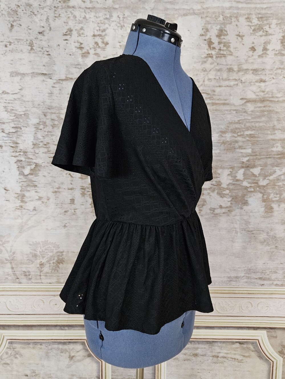 Grace Karin S Black Wrap Eyelet Peplum Blouse Flutter Sleeve S - Picture 6 of 8